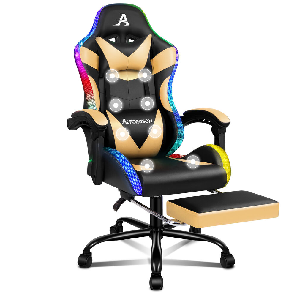 ALFORDSON Gaming Chair Office Massage 12 RGB LED Computer Seat PU Leather Gold