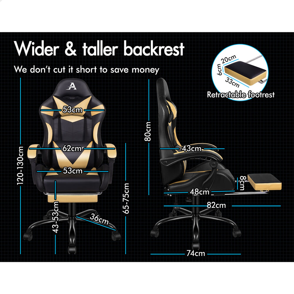 ALFORDSON Gaming Chair Office Massage 12 RGB LED Computer Seat PU Leather Gold