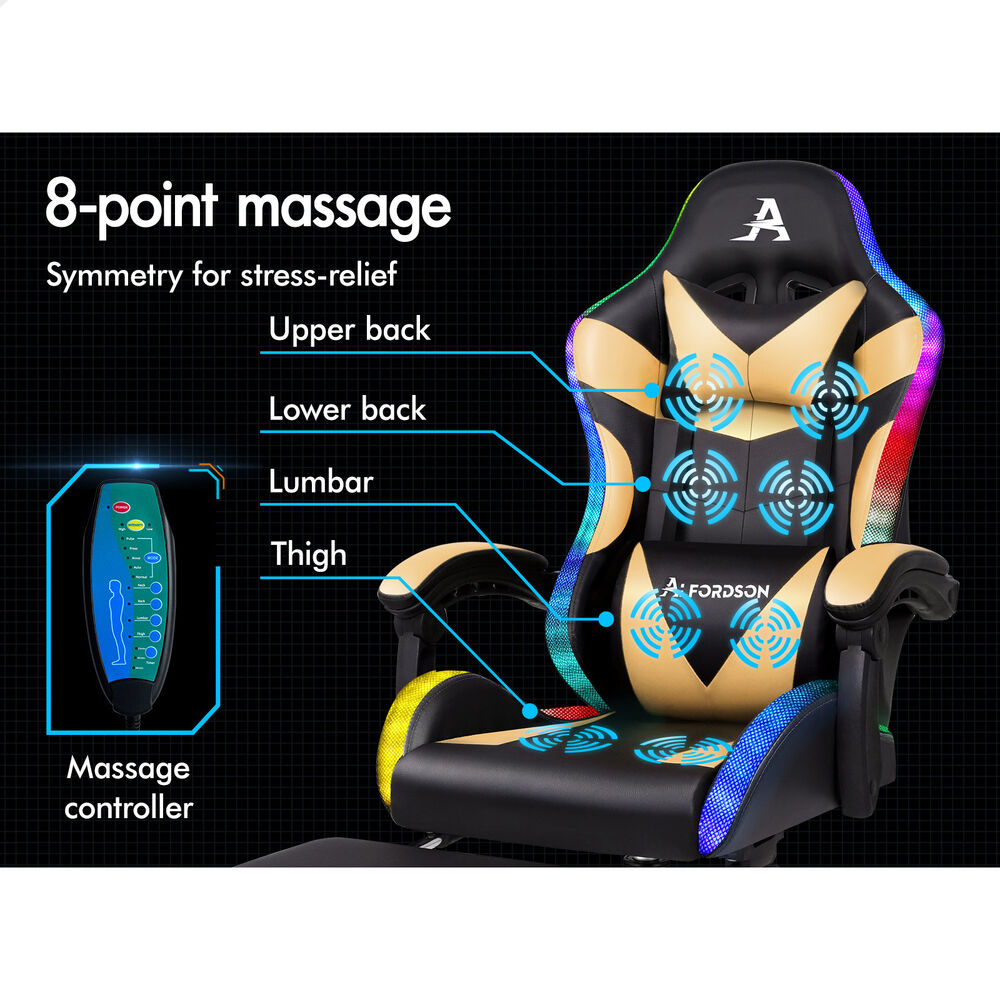 ALFORDSON Gaming Chair Office Massage 12 RGB LED Computer Seat PU Leather Gold