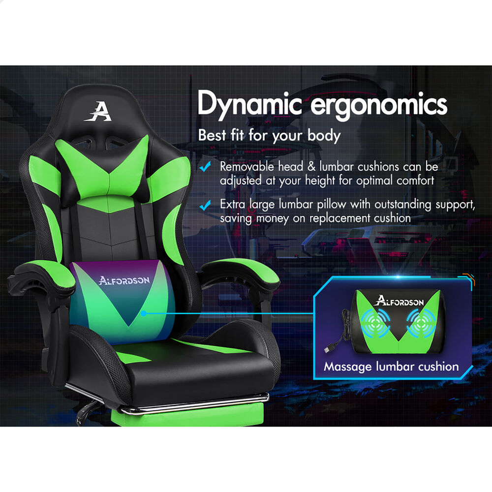 ALFORDSON Gaming Chair Office Massage 12 RGB LED Computer Seat PU Leather Green