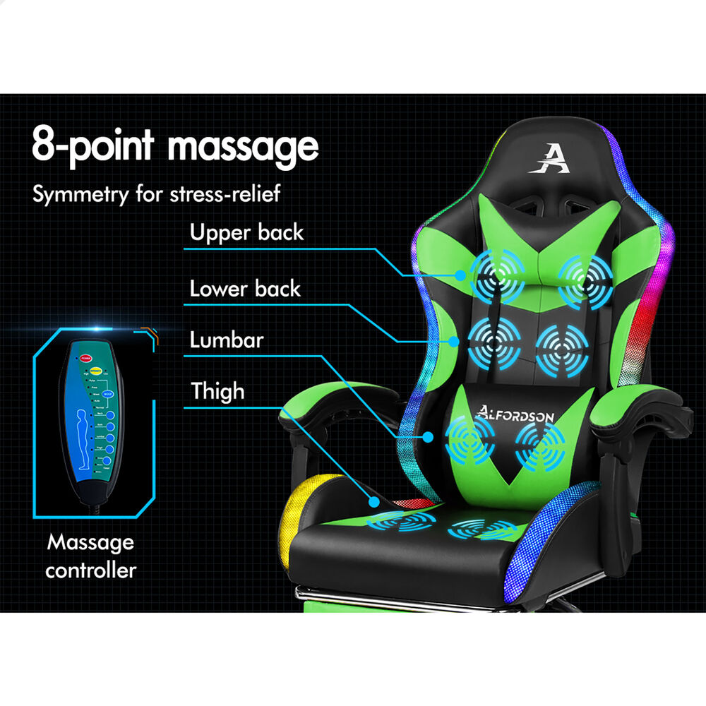 ALFORDSON Gaming Chair Office Massage 12 RGB LED Computer Seat PU Leather Green