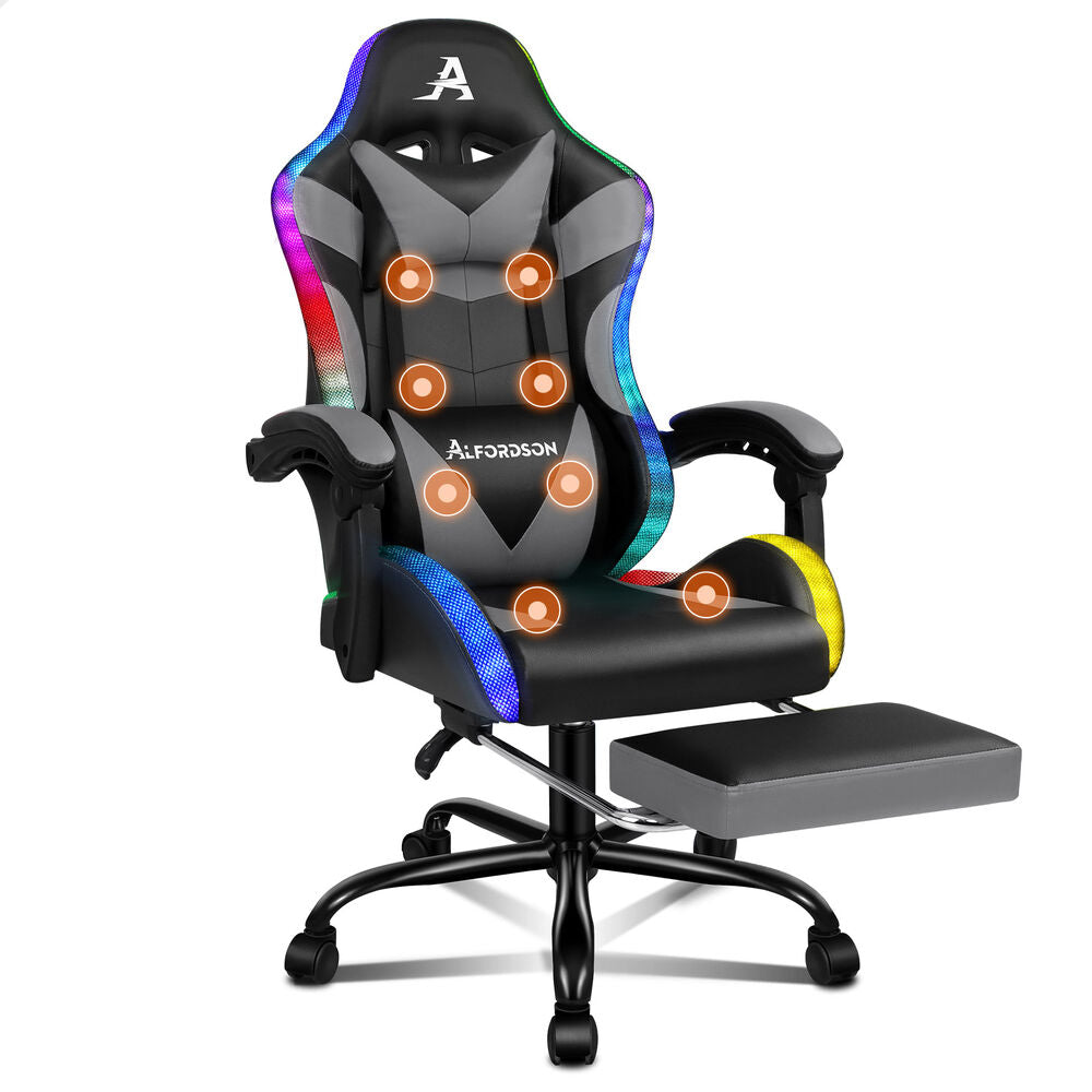 ALFORDSON Gaming Chair Office Massage 12 RGB LED Computer Seat PU Leather Grey