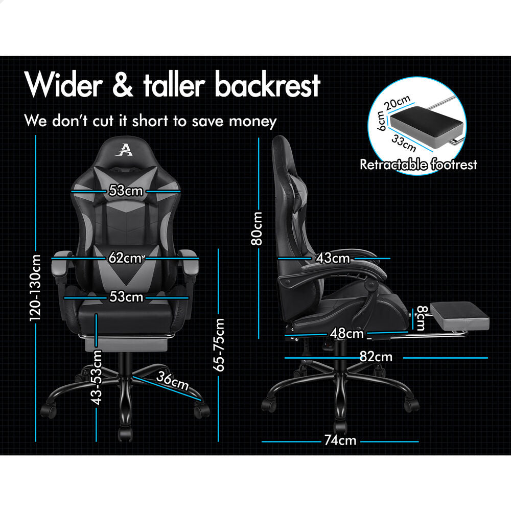 ALFORDSON Gaming Chair Office Massage 12 RGB LED Computer Seat PU Leather Grey