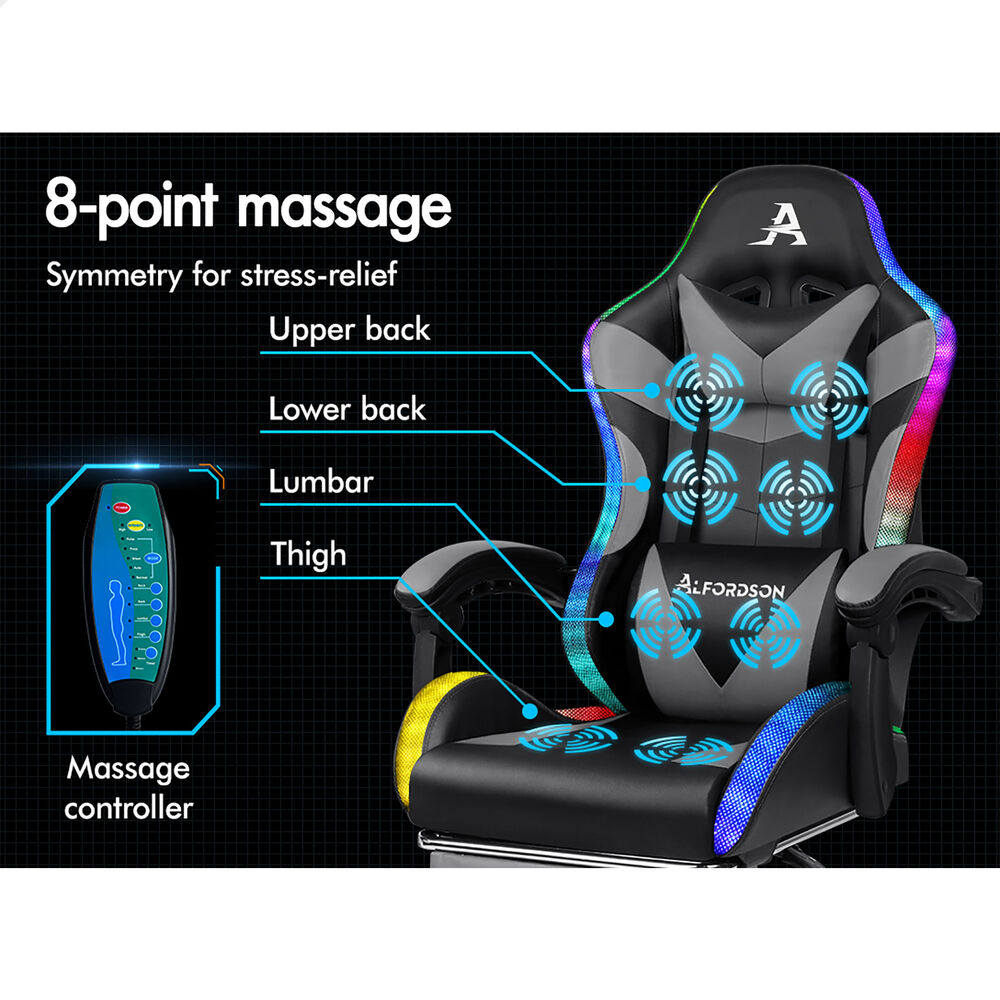 ALFORDSON Gaming Chair Office Massage 12 RGB LED Computer Seat PU Leather Grey