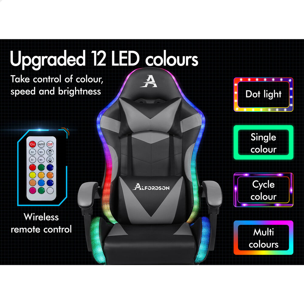 ALFORDSON Gaming Chair Office Massage 12 RGB LED Computer Seat PU Leather Grey