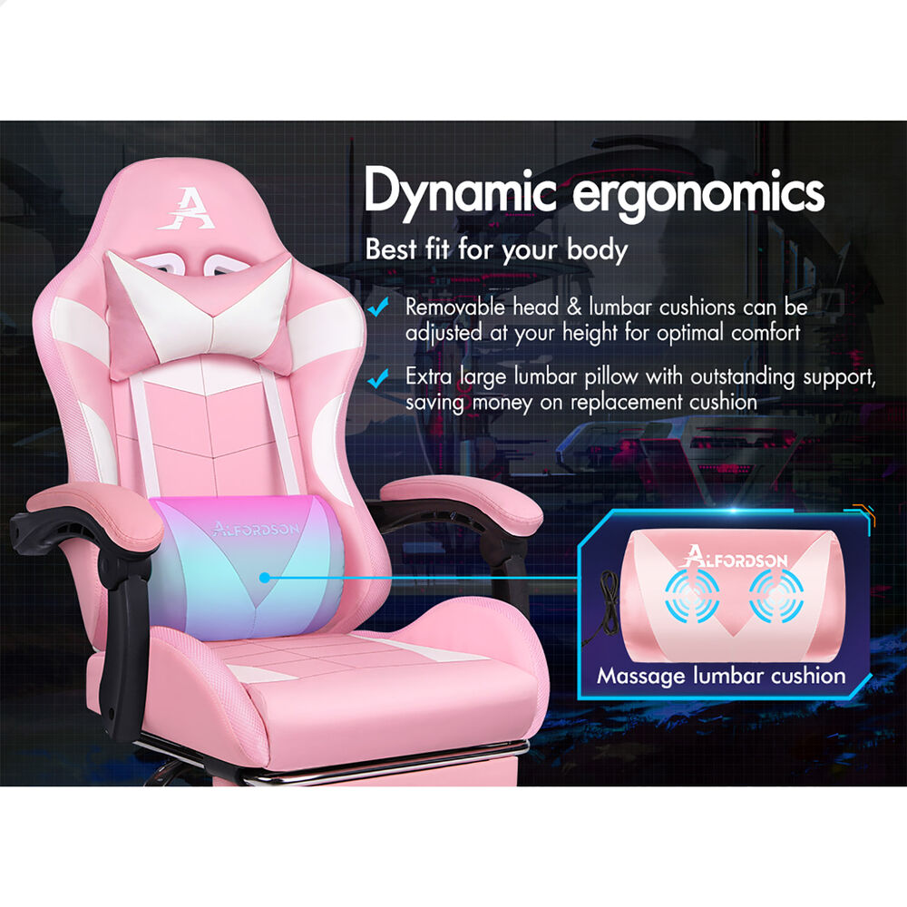 ALFORDSON Gaming Chair Office Massage 12 RGB LED Computer Seat PU Leather Pink