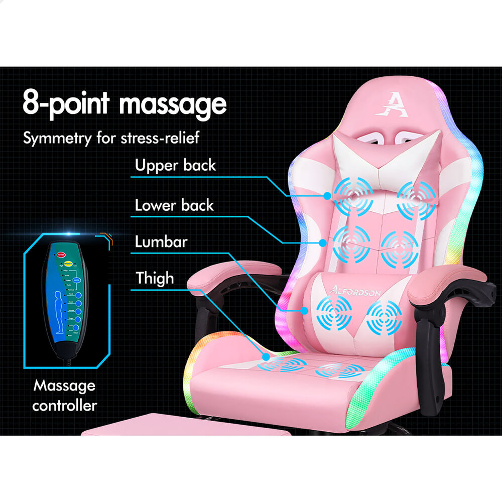 ALFORDSON Gaming Chair Office Massage 12 RGB LED Computer Seat PU Leather Pink