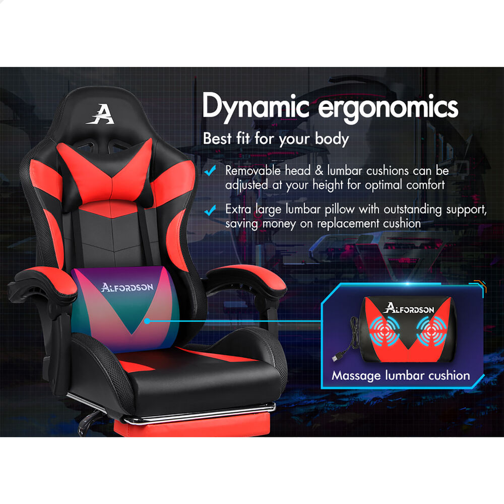 ALFORDSON Gaming Chair Office Massage 12 RGB LED Computer Seat PU Leather Red