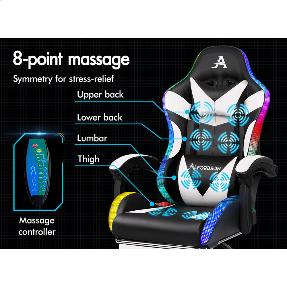 ALFORDSON Gaming Chair Office Massage 12 RGB LED Computer Seat PU Leather White