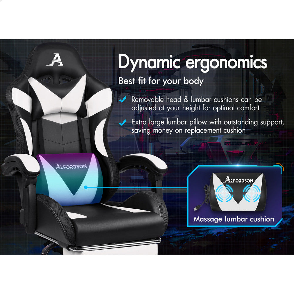 ALFORDSON Gaming Chair Office Massage 12 RGB LED Computer Seat PU Leather White