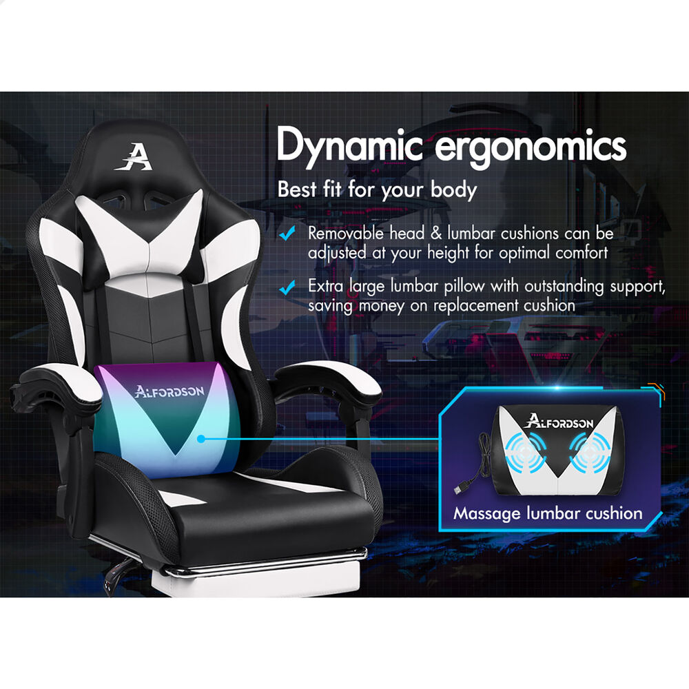 ALFORDSON Gaming Chair Office Massage 12 RGB LED Computer Seat PU Leather White