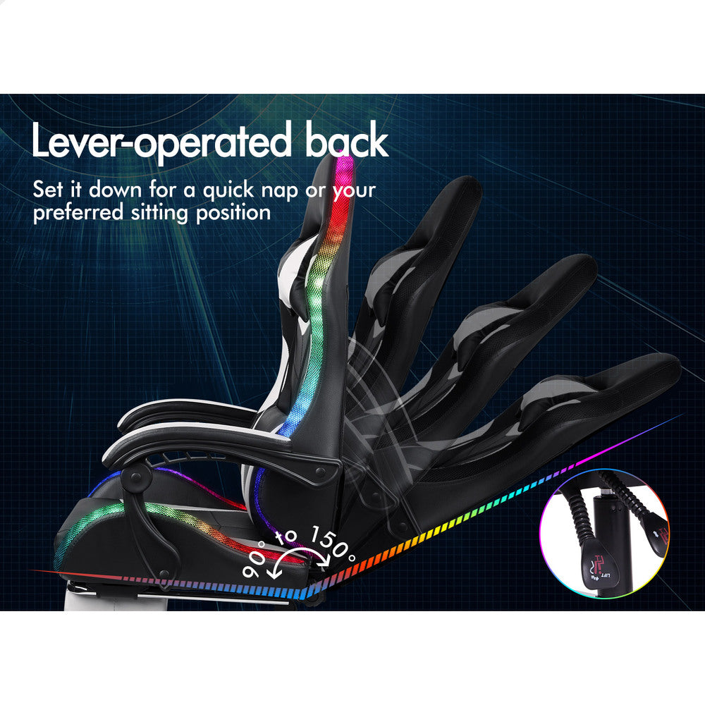 ALFORDSON Gaming Chair Office Massage 12 RGB LED Computer Seat PU Leather White
