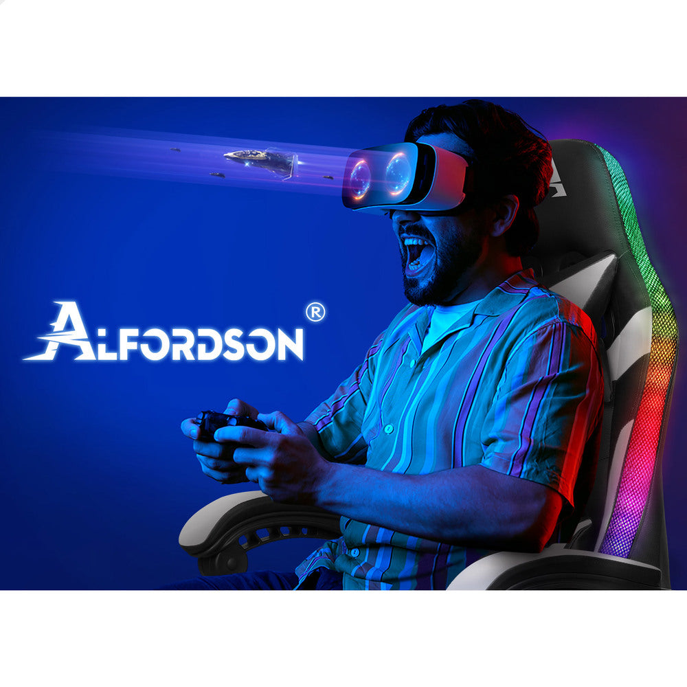 ALFORDSON Gaming Chair Office Massage 12 RGB LED Computer Seat PU Leather White