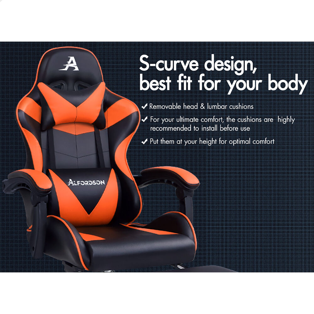 ALFORDSON Gaming Chair Office Executive Racing Footrest Seat PU Leather Orange