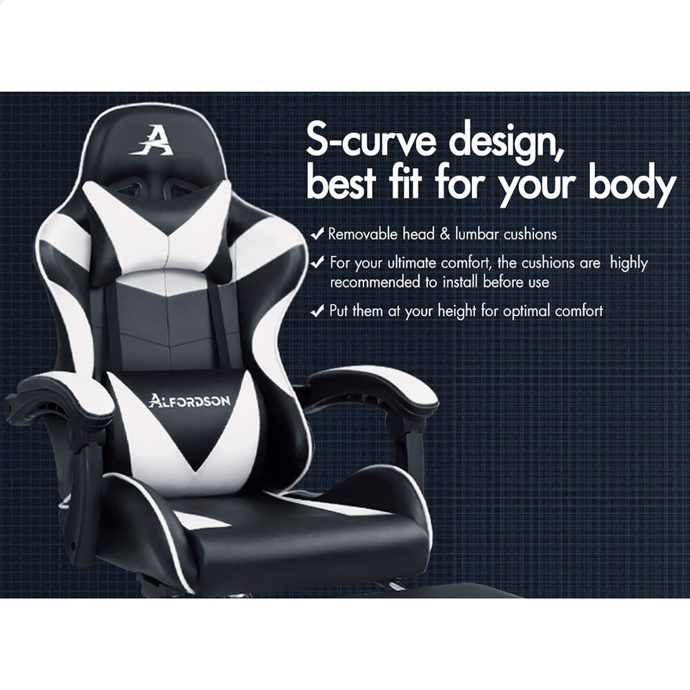 ALFORDSON Gaming Chair Office Executive Racing Footrest Seat PU Leather White