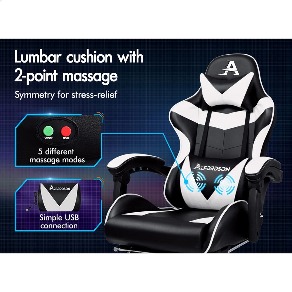 Alfordson Gaming Chair Office Executive Racing Footrest Seat PU Leather White
