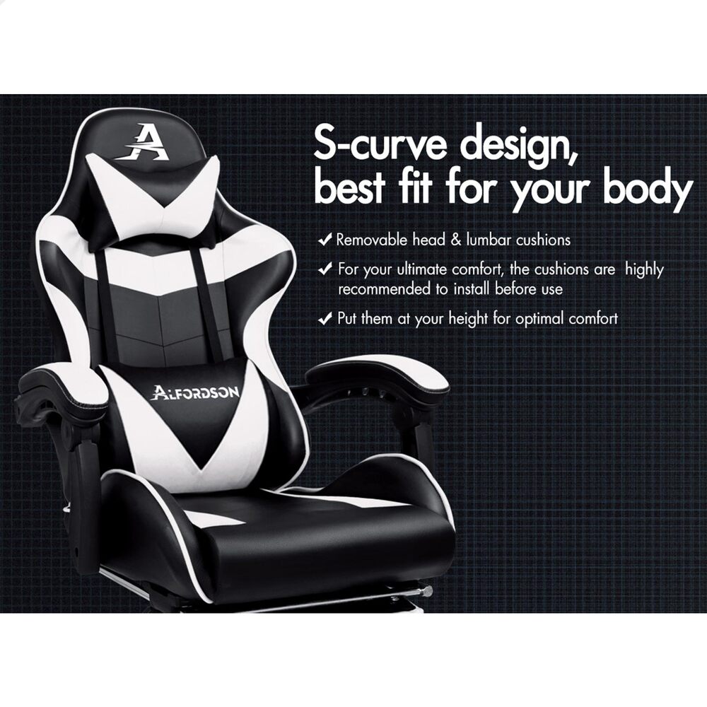 Alfordson Gaming Chair Office Executive Racing Footrest Seat PU Leather White