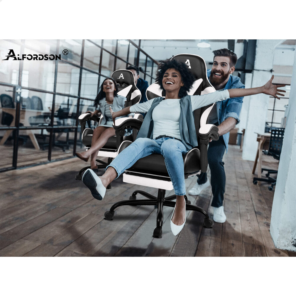 Alfordson Gaming Chair Office Executive Racing Footrest Seat PU Leather White