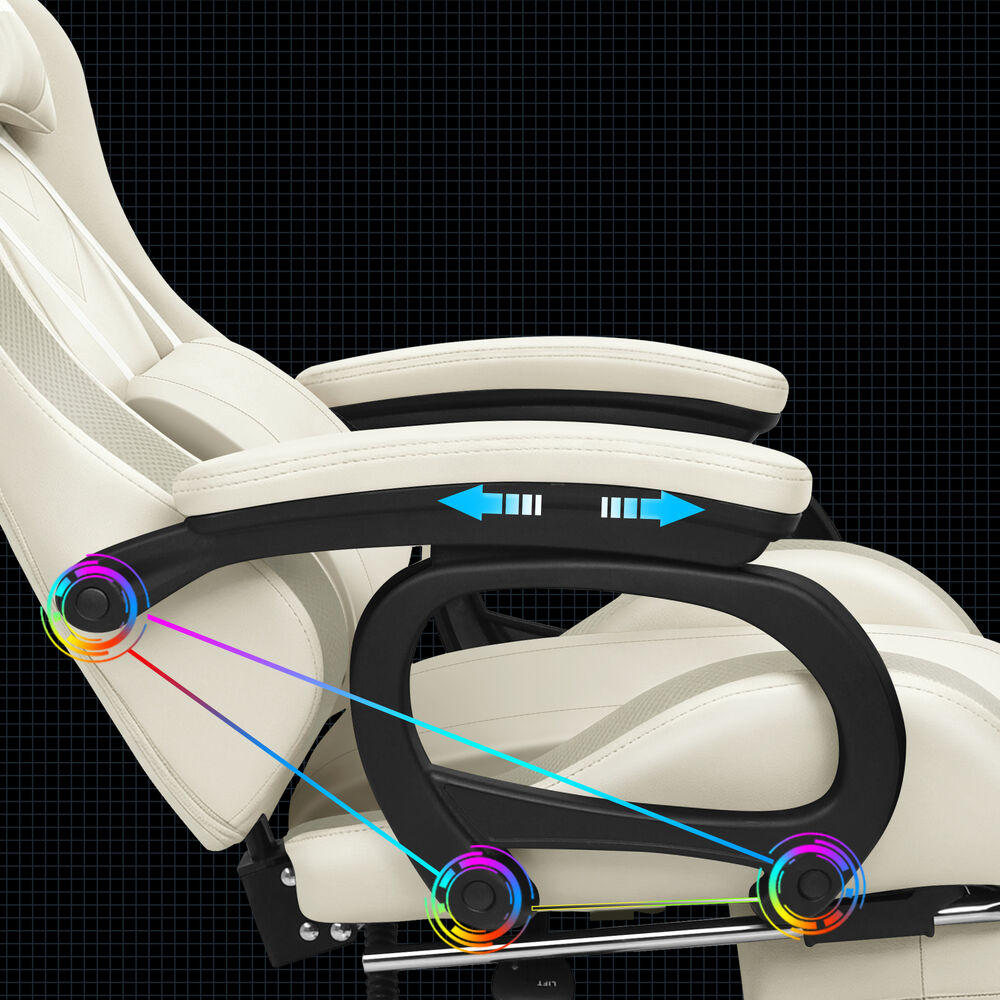 ALFORDSON Gaming Office Chair 12 RGB LED Massage Computer Seat Footrest Beige