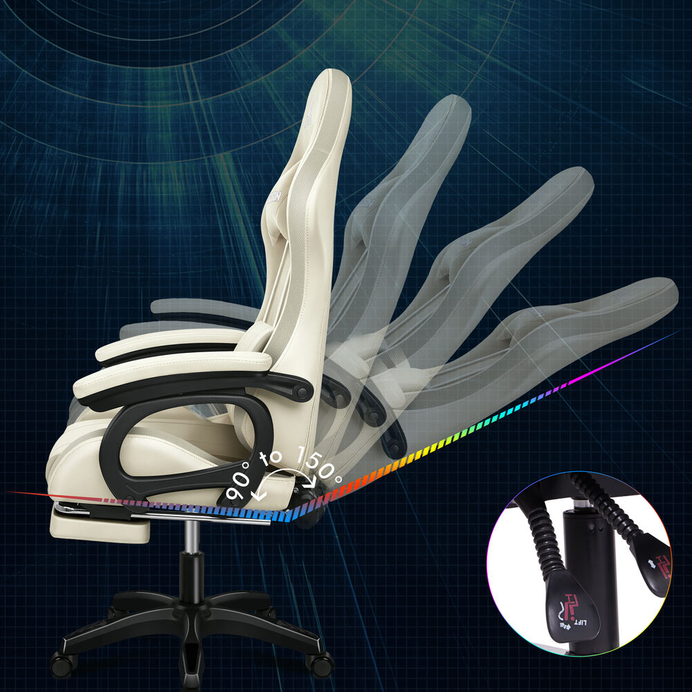 ALFORDSON Gaming Office Chair 12 RGB LED Massage Computer Seat Footrest Beige