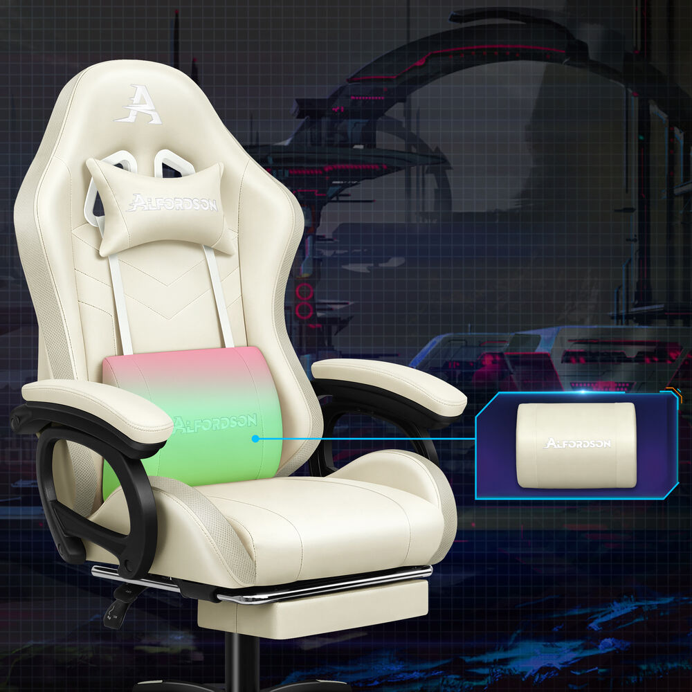 ALFORDSON Gaming Office Chair 12 RGB LED Massage Computer Seat Footrest Beige