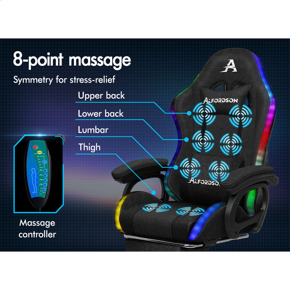 ALFORDSON LED Gaming Chair Office with 8-Point Massage Fabric Black