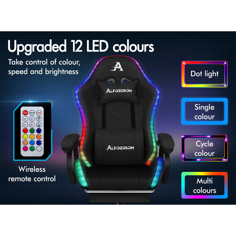 ALFORDSON LED Gaming Chair Office with 8-Point Massage Fabric Black