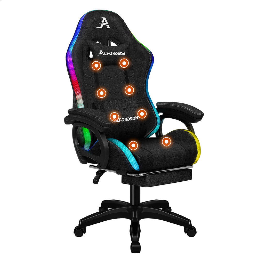 ALFORDSON LED Gaming Chair Office with 8-Point Massage Fabric Black