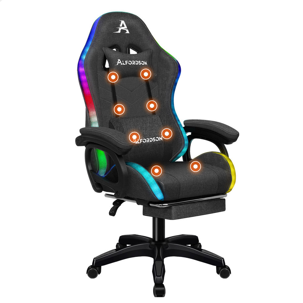 ALFORDSON LED Gaming Chair Office with 8-Point Massage Fabric Grey