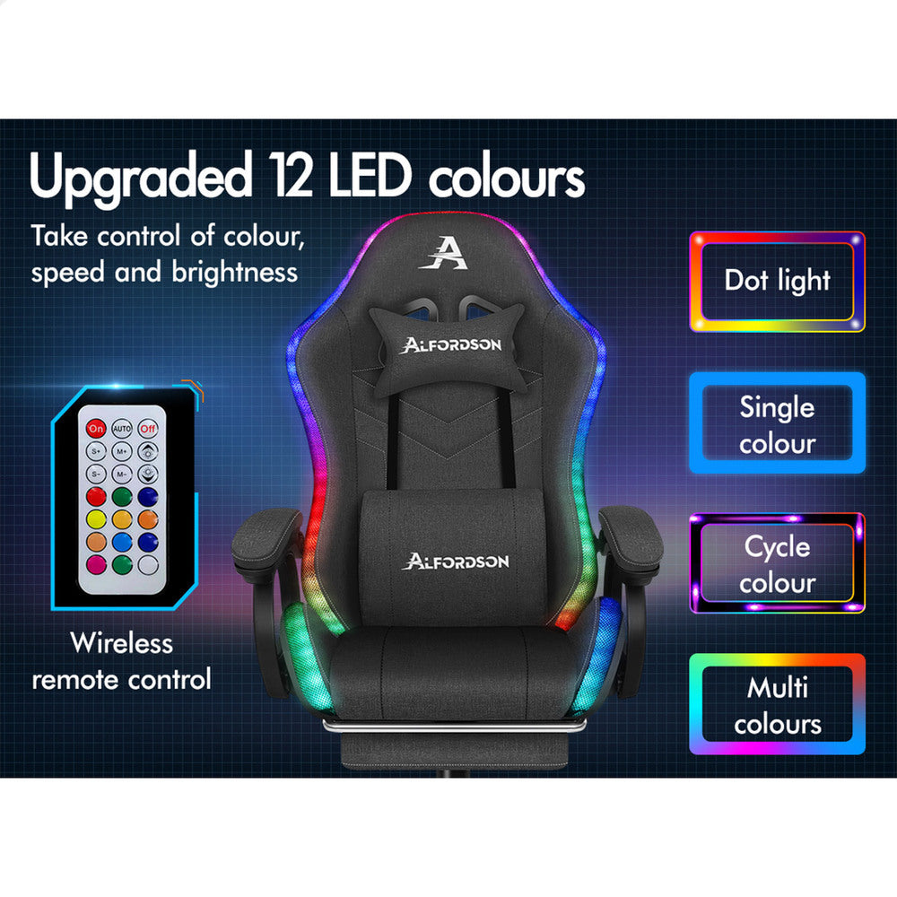 ALFORDSON LED Gaming Chair Office with 8-Point Massage Fabric Grey