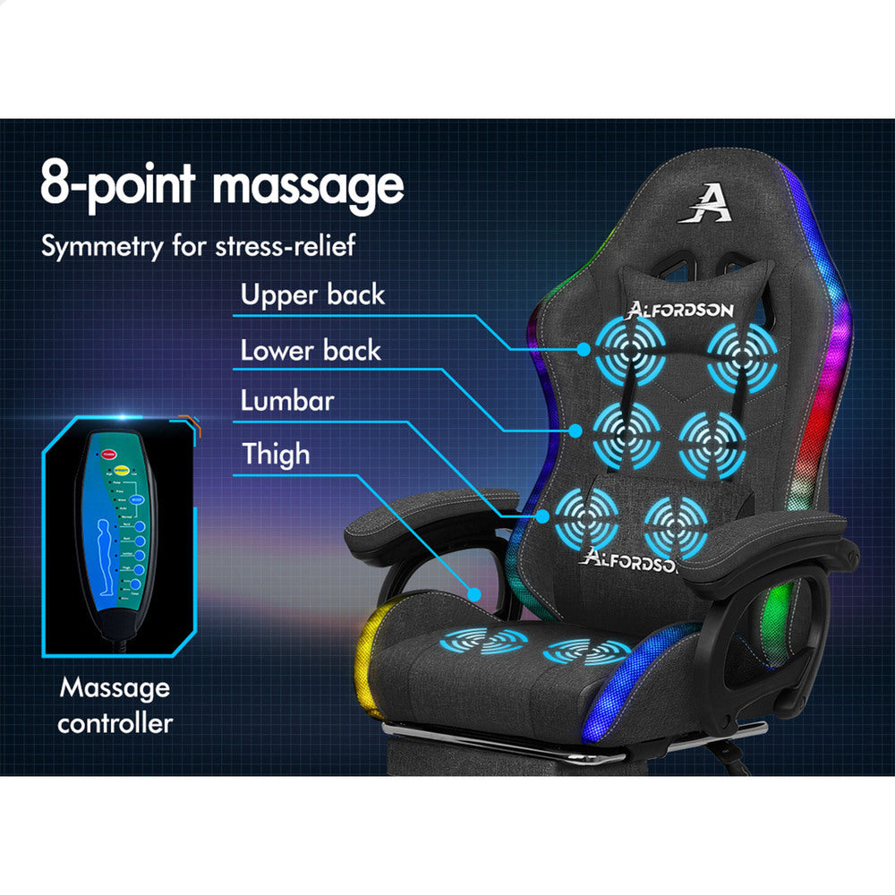 ALFORDSON LED Gaming Chair Office with 8-Point Massage Fabric Grey