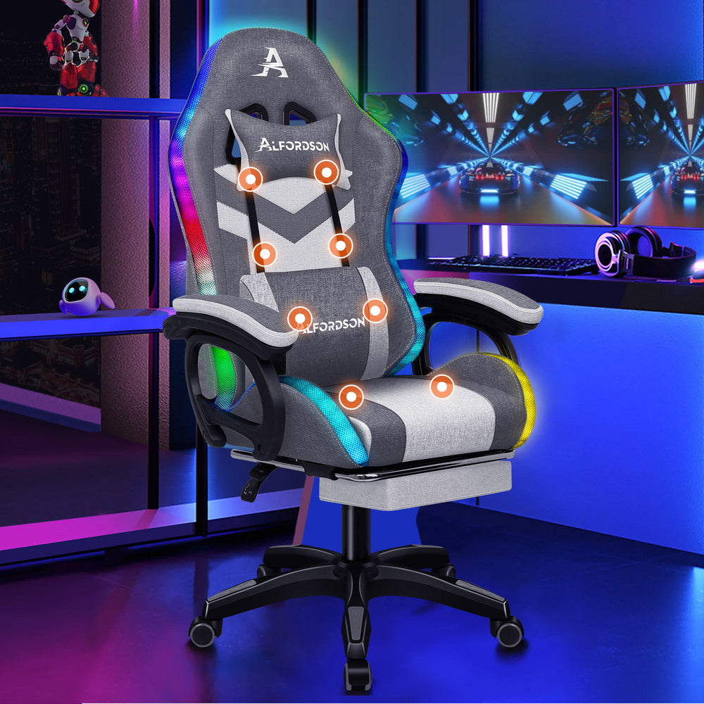 ALFORDSON LED Gaming Office Chair with 8-Point Massage Fabric Grey