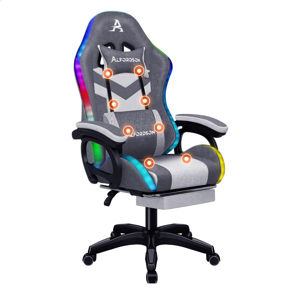 ALFORDSON LED Gaming Office Chair with 8-Point Massage Fabric Grey