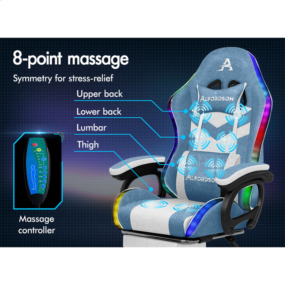 ALFORDSON LED Gaming Office Chair with 8-Point Massage Fabric Blue White