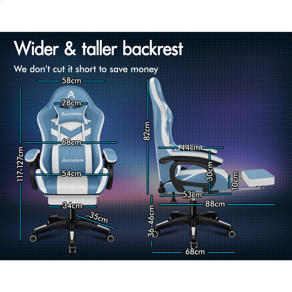 ALFORDSON LED Gaming Office Chair with 8-Point Massage Fabric Blue White