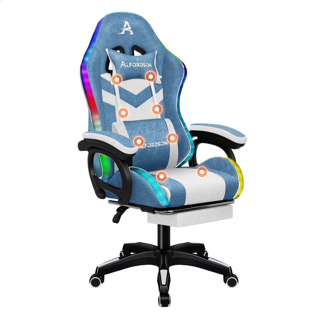 ALFORDSON LED Gaming Office Chair with 8-Point Massage Fabric Blue White