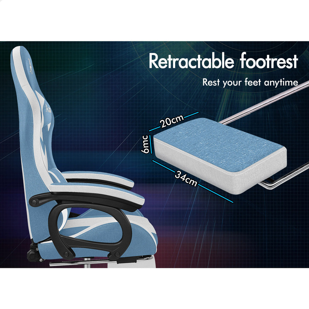 ALFORDSON LED Gaming Office Chair with 8-Point Massage Fabric Blue White