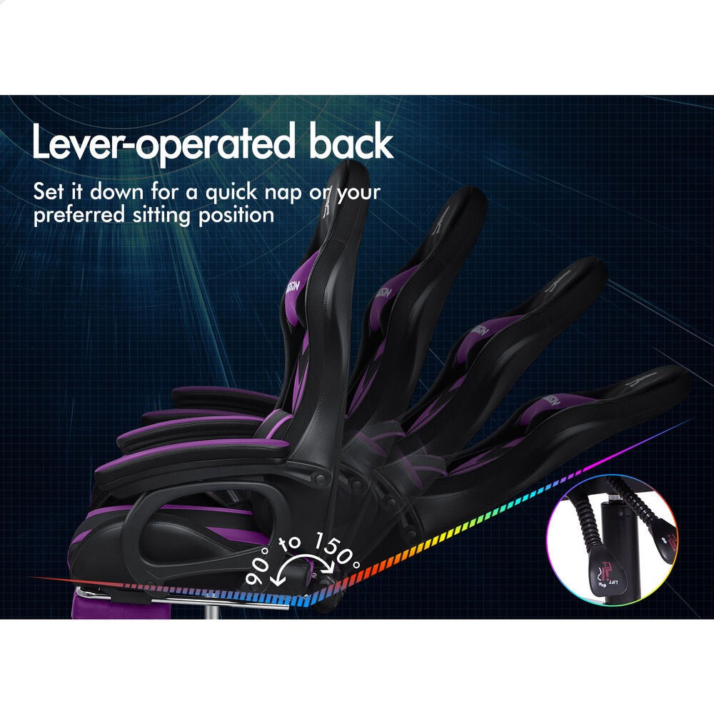 ALFORDSON Gaming Office Chair 12 RGB LED Massage Computer Seat Footrest Purple