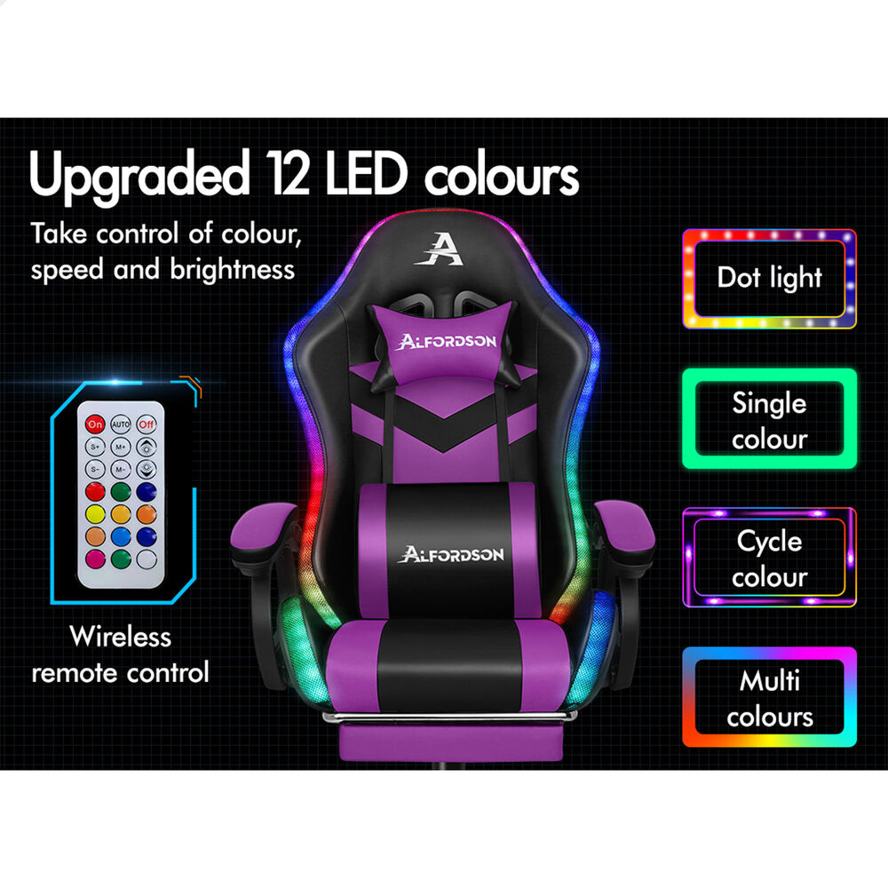 ALFORDSON Gaming Office Chair 12 RGB LED Massage Computer Seat Footrest Purple