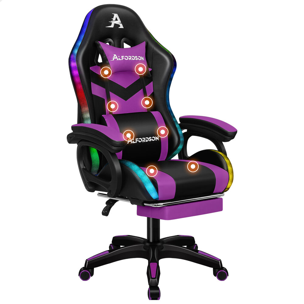 ALFORDSON Gaming Office Chair 12 RGB LED Massage Computer Seat Footrest Purple