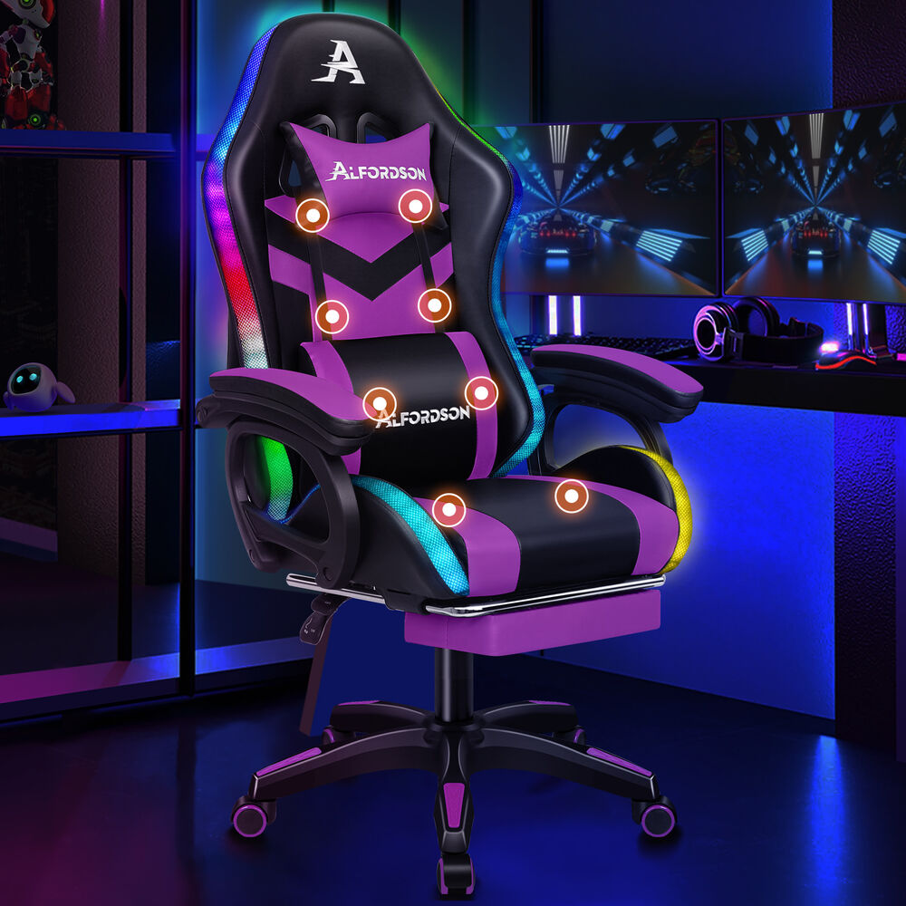 ALFORDSON Gaming Office Chair 12 RGB LED Massage Computer Seat Footrest Purple