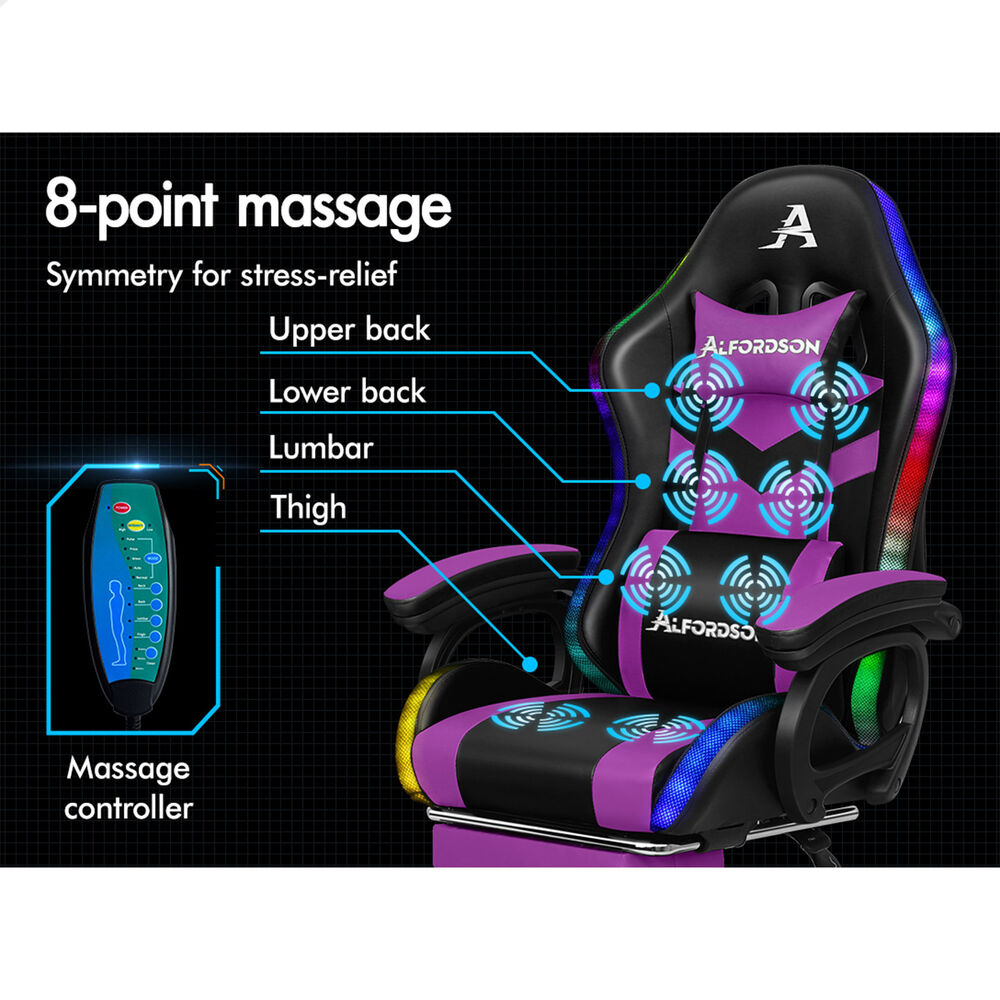 ALFORDSON Gaming Office Chair 12 RGB LED Massage Computer Seat Footrest Purple