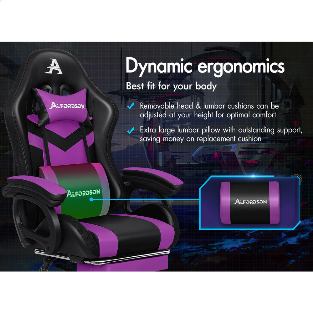 ALFORDSON Gaming Office Chair 12 RGB LED Massage Computer Seat Footrest Purple