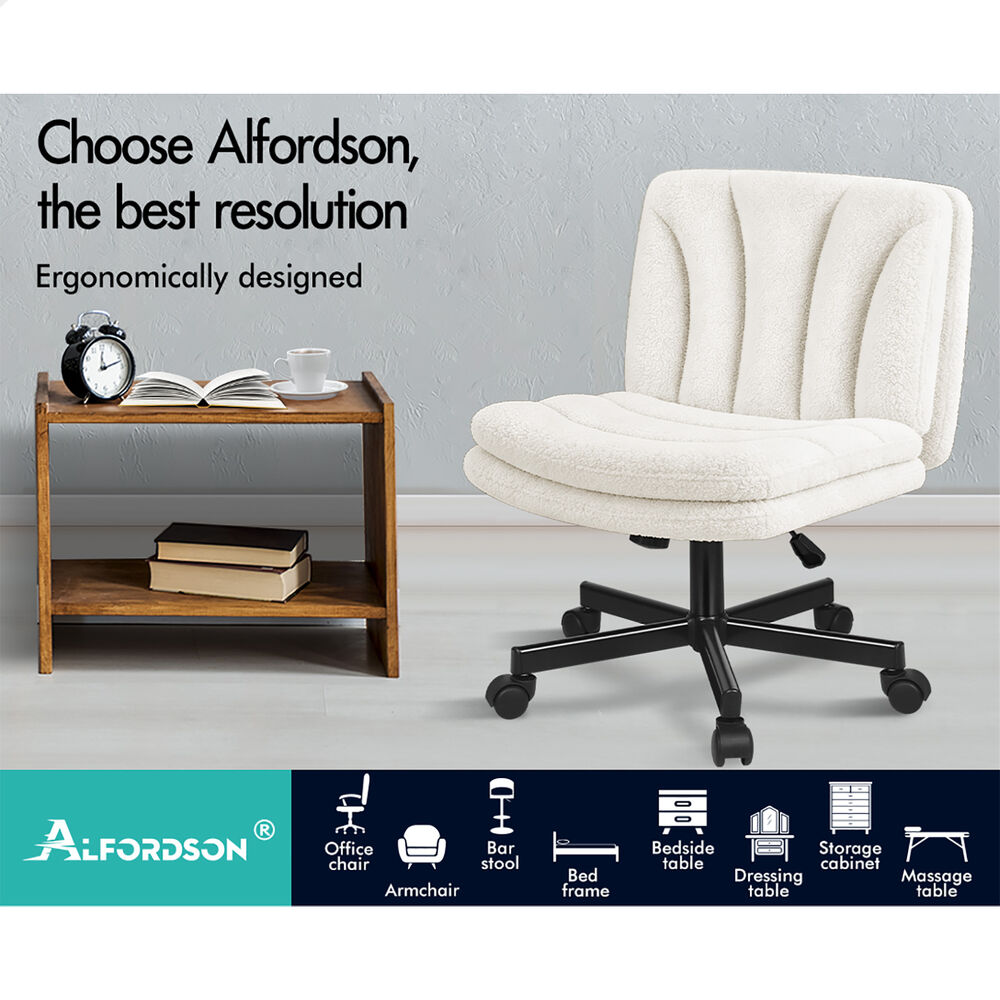 ALFORDSON Armless Office Desk Chair Mid Back Wide Seat w/ Wheels Boucle White