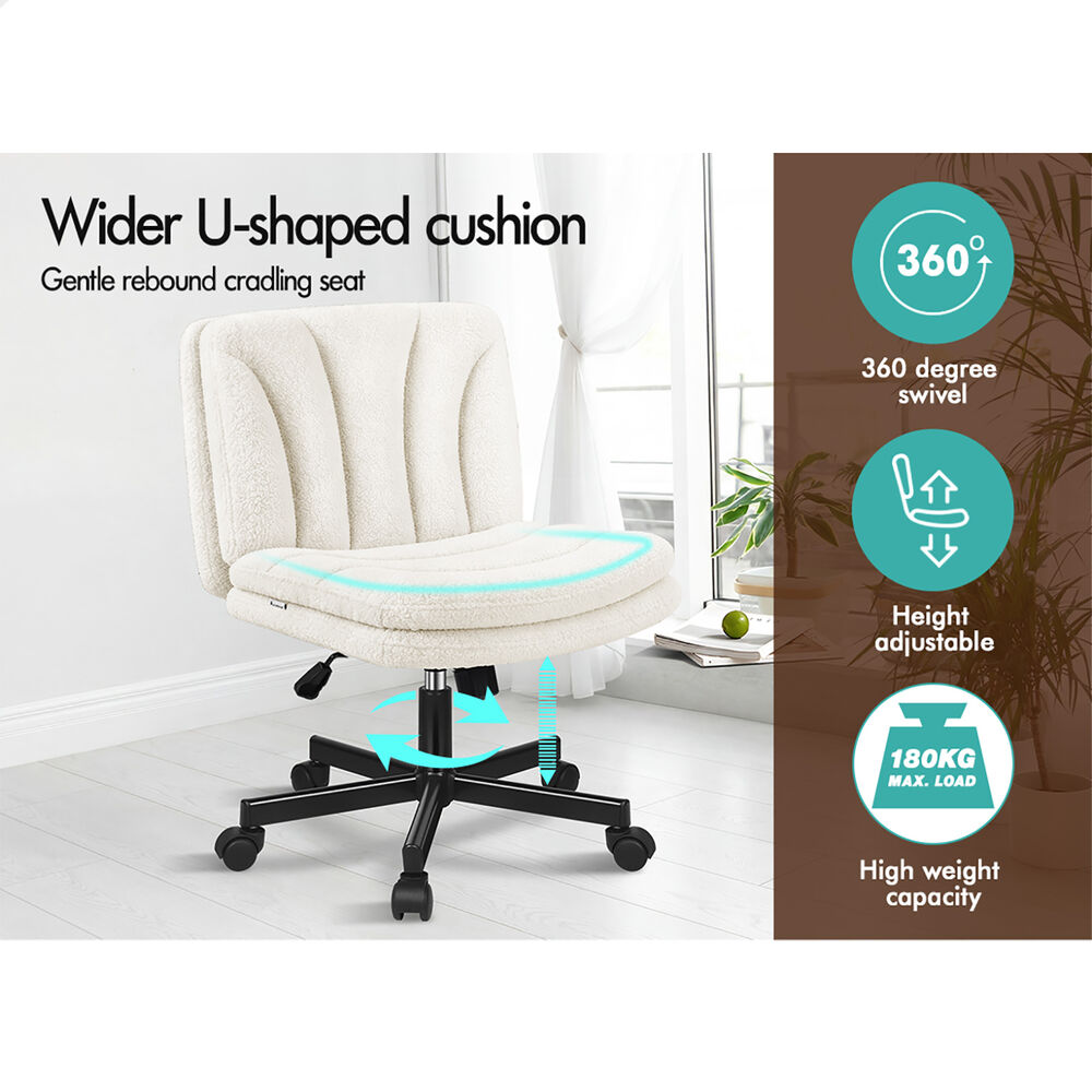 ALFORDSON Armless Office Desk Chair Mid Back Wide Seat w/ Wheels Boucle White