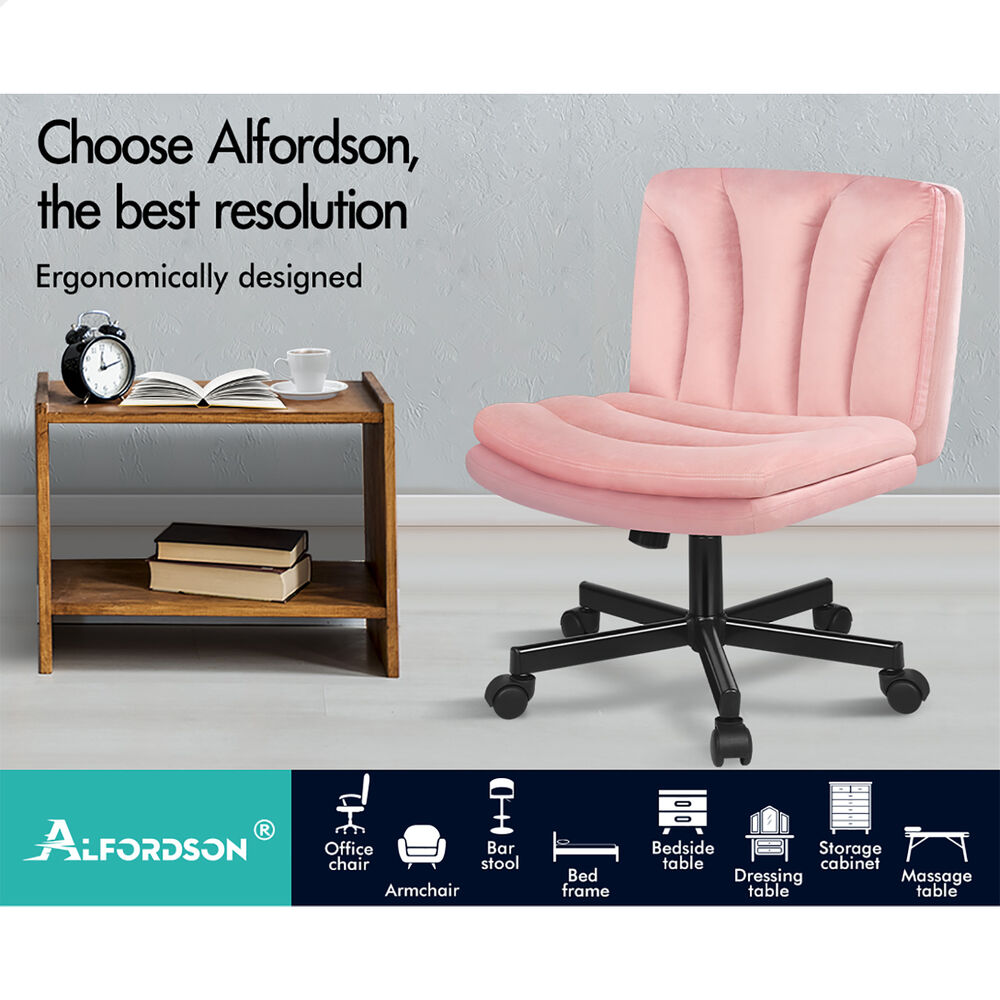 ALFORDSON Armless Office Desk Chair Mid Back Wide Seat w/ Wheels Velvet Pink
