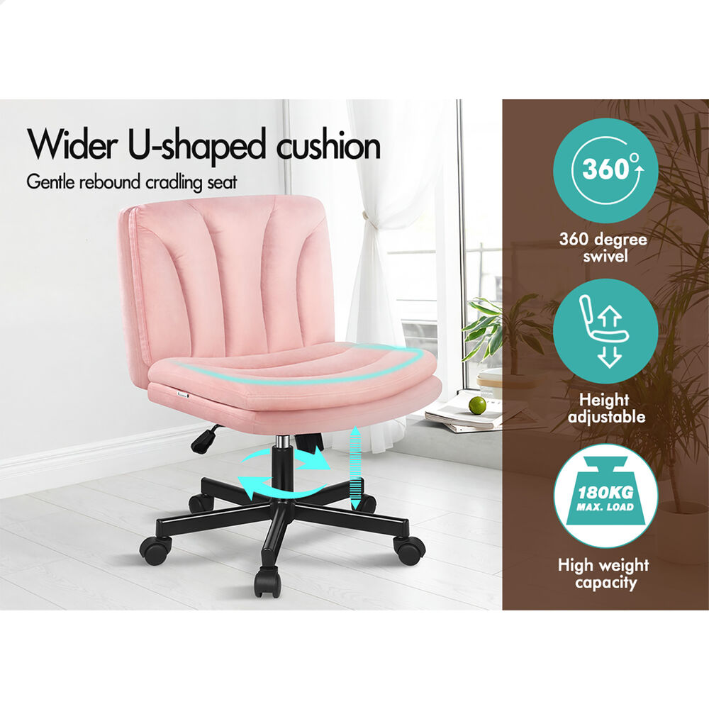 ALFORDSON Armless Office Desk Chair Mid Back Wide Seat w/ Wheels Velvet Pink