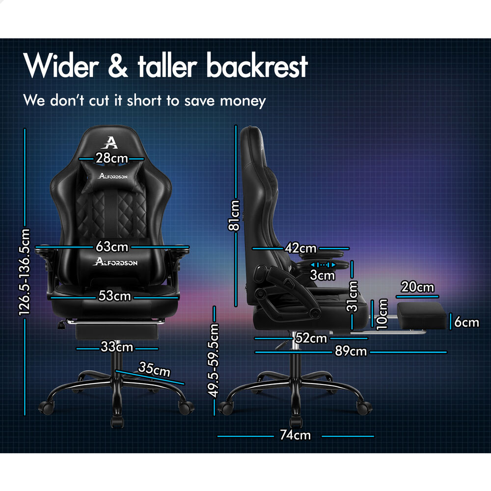 ALFORDSON Gaming Office Chair Massage Computer Footrest Seat Leather All Black