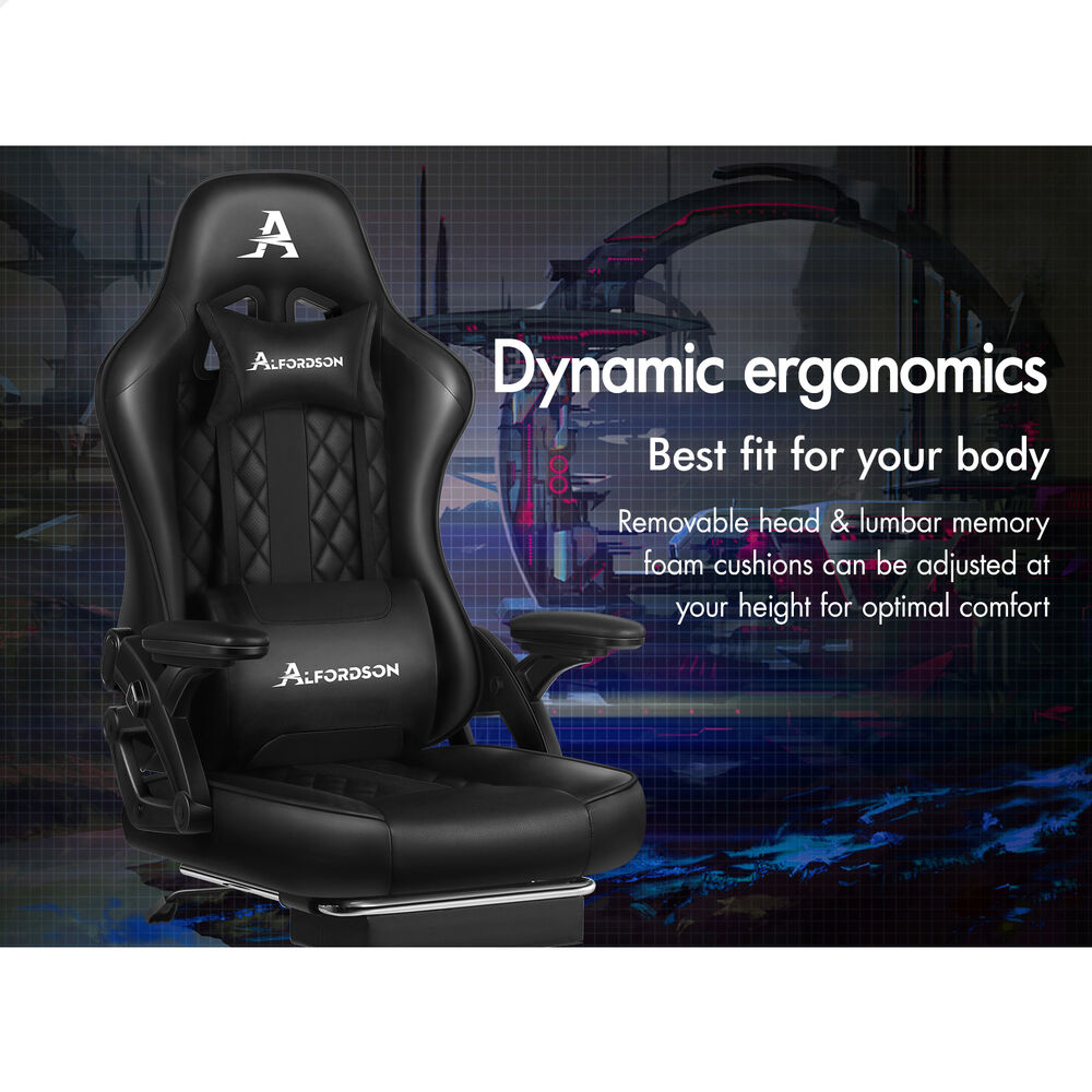 ALFORDSON Gaming Office Chair Massage Computer Footrest Seat Leather All Black