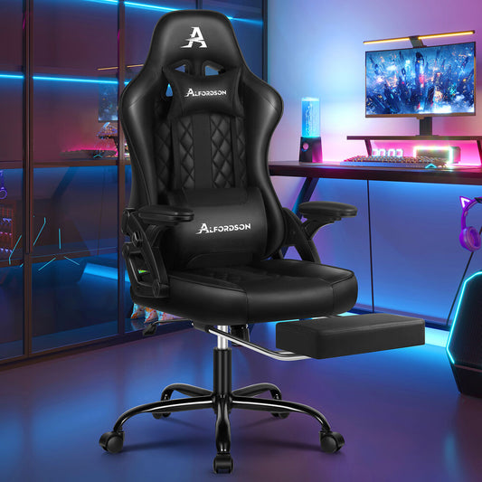 ALFORDSON Gaming Office Chair Massage Computer Footrest Seat Leather All Black